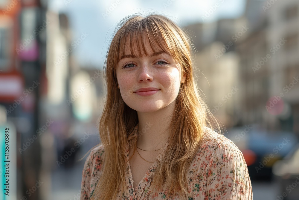 Portrait of a Young Woman Smiling in a City Street with Soft Natural Light Portrait of a Young Woman Smiling in a City Street with Soft Natural Light
