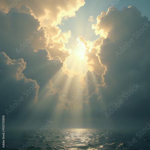 Dramatic Sunbeams Breaking Through Clouds Over Peaceful Ocean with Divine Light photo