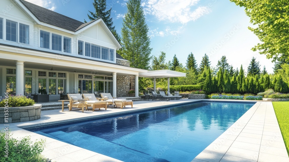 Fototapeta premium A serene outdoor pool area beside a modern house, surrounded by lush greenery.
