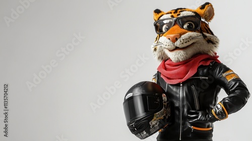 Cool tiger biker mascot in leather jacket holding helmet. photo