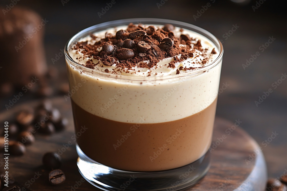 Decadent mocha mousse in a clear glass showcases a rich two-layer dessert topped with whipped cream, cocoa powder, and coffee beans. Perfect for coffee lovers Decadent mocha mousse in a clear glass showcases a rich two-layer dessert topped with whipped cream, cocoa powder, and coffee beans. Perfect for coffee lovers