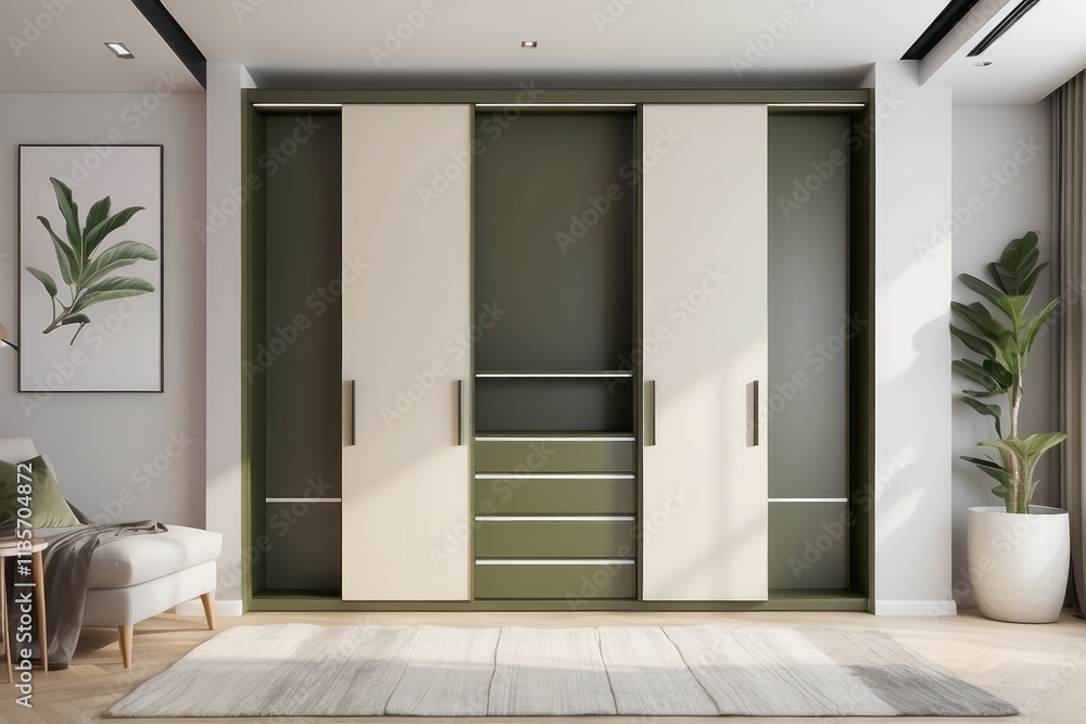Fototapeta premium Contemporary 2 Door Olive Green And Cream Sliding Wardrobe Design