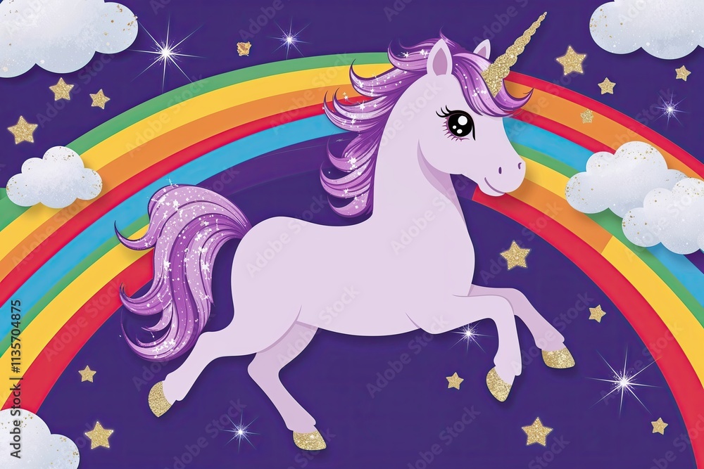 Fototapeta premium Magical Lavender Unicorn with Sparkling Eyes Dancing on Rainbow Background for Enchanting Kids Parties and Celebrations