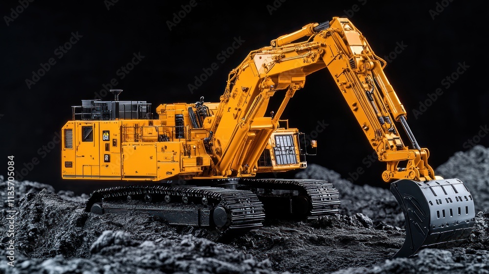 Yellow excavator model on dark gray rocks. Yellow excavator model on dark gray rocks.