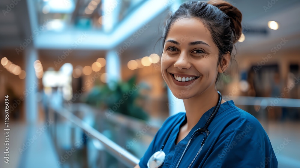 Fototapeta premium A smiling female nurse in a blue scrubs and stethoscope.