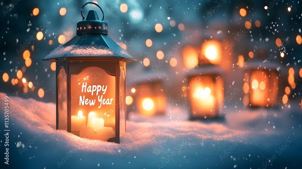 Beautiful Lantern Illuminating a Snowy Landscape with Warm Glow and Sparkling Snowflakes to Celebrate the Joyous New Year Ahead in a Magical Atmosphere Beautiful Lantern Illuminating a Snowy Landscape with Warm Glow and Sparkling Snowflakes to Celebrate the Joyous New Year Ahead in a Magical Atmosphere