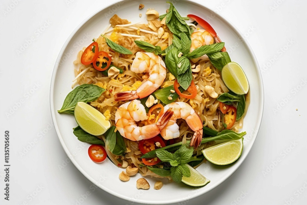 Bowl of Pad Thai , Isolated white background, flat lay Bowl of Pad Thai , Isolated white background, flat lay