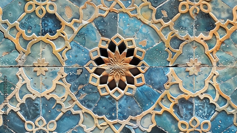 Intricate blue and gold tile pattern. Intricate blue and gold tile pattern.