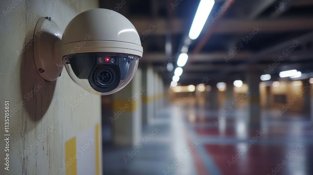 Dome security camera mounted on wall in garage. Image depicts security and surveillance in parking areas. Dome security camera mounted on wall in garage. Image depicts security and surveillance in parking areas.