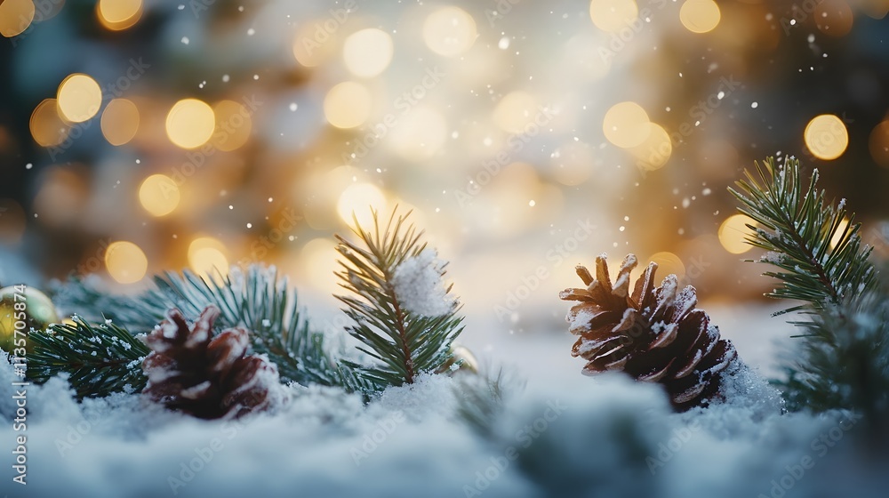 Snow-covered Pine Cones and Greenery Against a Bokeh Background of Soft Warm Christmas Lights, Perfect for Holiday Themes and Winter Celebrations Snow-covered Pine Cones and Greenery Against a Bokeh Background of Soft Warm Christmas Lights, Perfect for Holiday Themes and Winter Celebrations