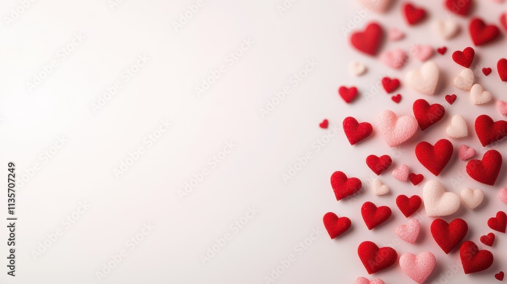 An arrangement of red and pink heart shapes scattered on a light background, creating a romantic and festive atmosphere.