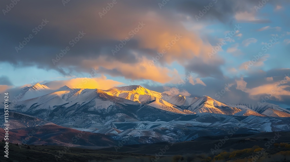 Obraz premium Snow-capped mountains at sunset with a golden glow.