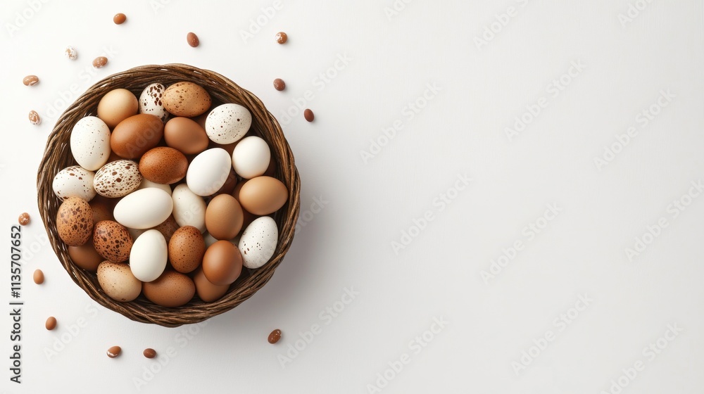 A small basket overflowing with brown and white chicken eggs, placed against a pure white background A small basket overflowing with brown and white chicken eggs, placed against a pure white background