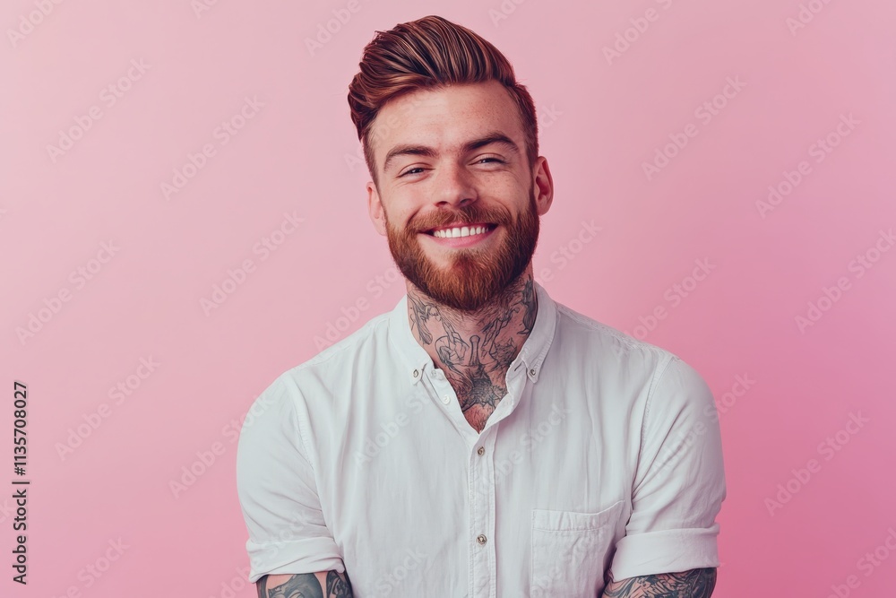 Stylish Young Man with Tattoos Smiling Against a Pink Background Stylish Young Man with Tattoos Smiling Against a Pink Background