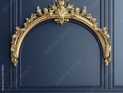 Gold ornate frame on a blue wall. Baroque style, luxury, elegance.