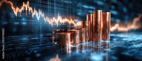 Metallic Cuprum Cylinders Rise Against Economic Graph. Shining bars reflect the stock market's fluctuations. Financial growth depicted by ascending copper rods