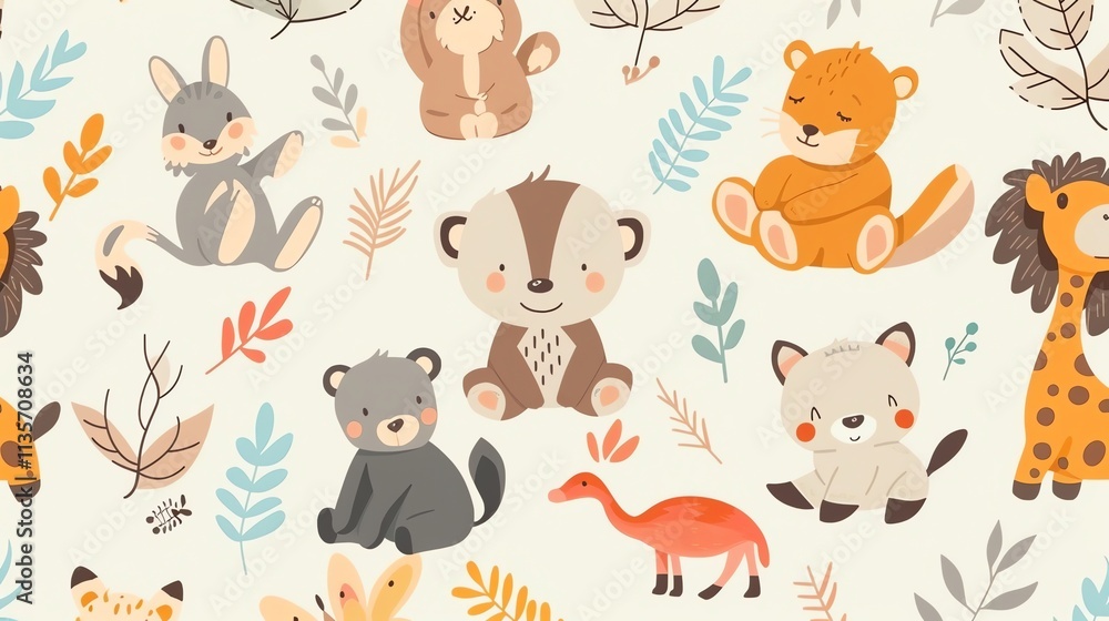 A seamless pattern of cute animals and plants. A seamless pattern of cute animals and plants.