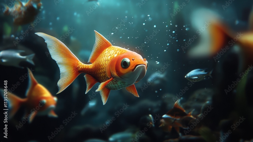 A small goldfish wearing a shark fin costume, courageously swimming in a dark ocean while other fish follow behind A small goldfish wearing a shark fin costume, courageously swimming in a dark ocean while other fish follow behind