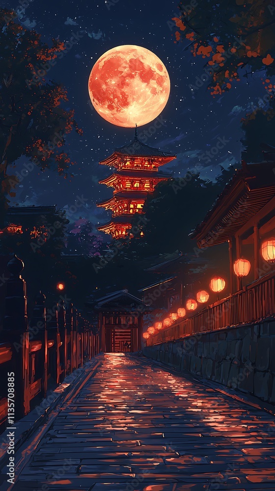 Serene Night in Japan A Moonlit Path to a Traditional Pagoda. Serene Night in Japan A Moonlit Path to a Traditional Pagoda.