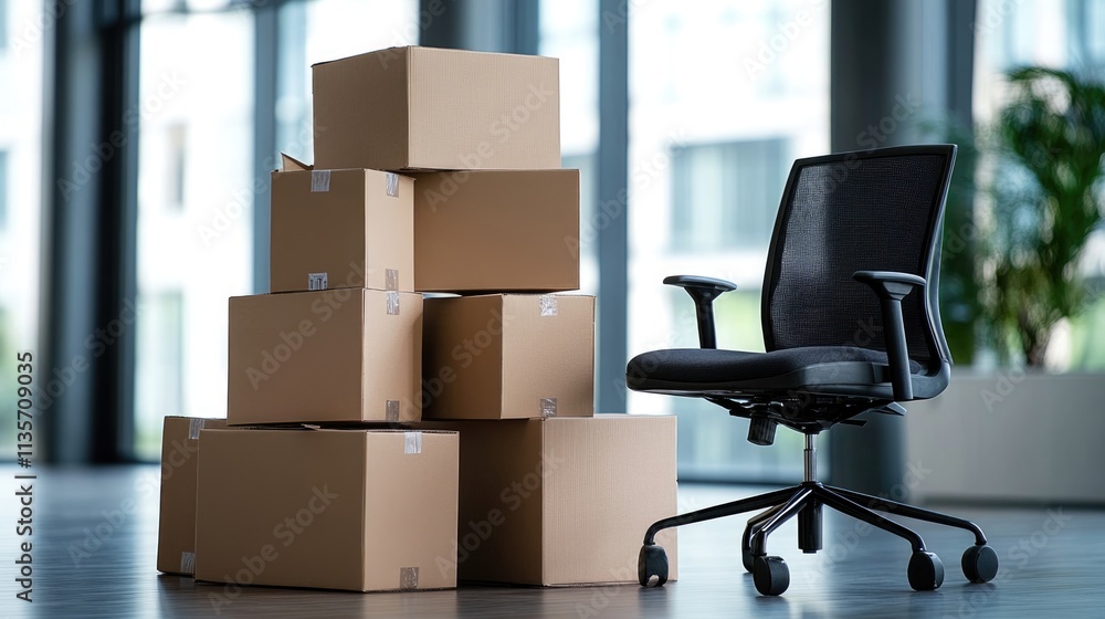 Stack of cardboard boxes with stuff and office chair in empty office room. Moving to new office, relocating, crisis, remote working, start new business, e-commerce concept Stack of cardboard boxes with stuff and office chair in empty office room. Moving to new office, relocating, crisis, remote working, start new business, e-commerce concept