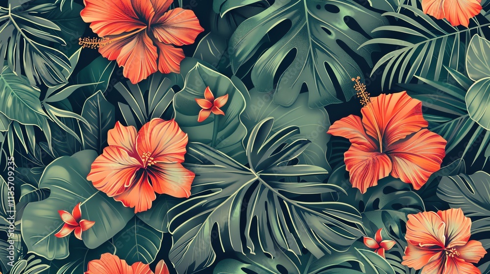 Seamless pattern with tropical foliage and hibiscus flowers. Seamless pattern with tropical foliage and hibiscus flowers.