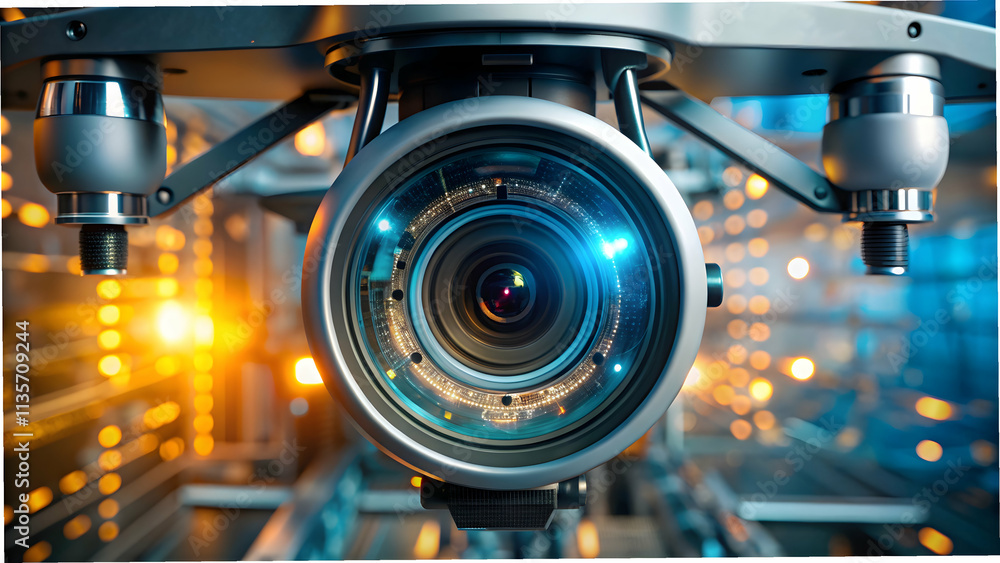 Fototapeta premium Macro Shot AI Drone Camera Lens Digital Processing Symbols Aerial Imaging Technology Space for Text Stock Photo
