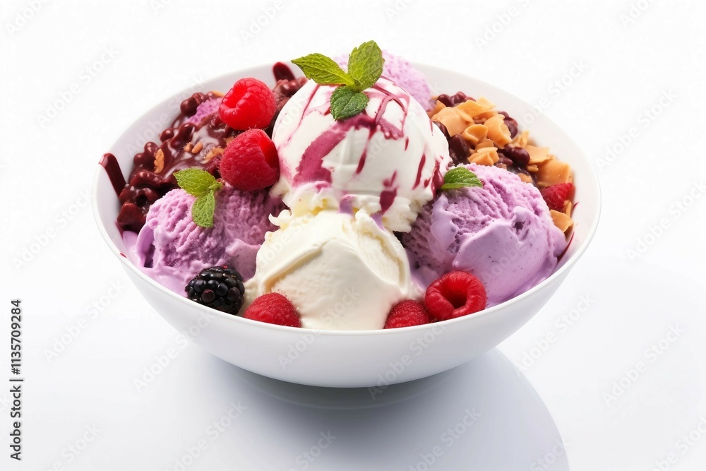 Ice Cream with Toppings , Isolated white background, flat lay Ice Cream with Toppings , Isolated white background, flat lay