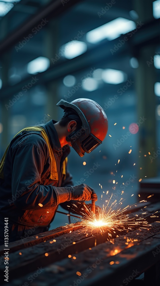 Industrial Worker Welding with Sparks in a Factory Setting Industrial Worker Welding with Sparks in a Factory Setting