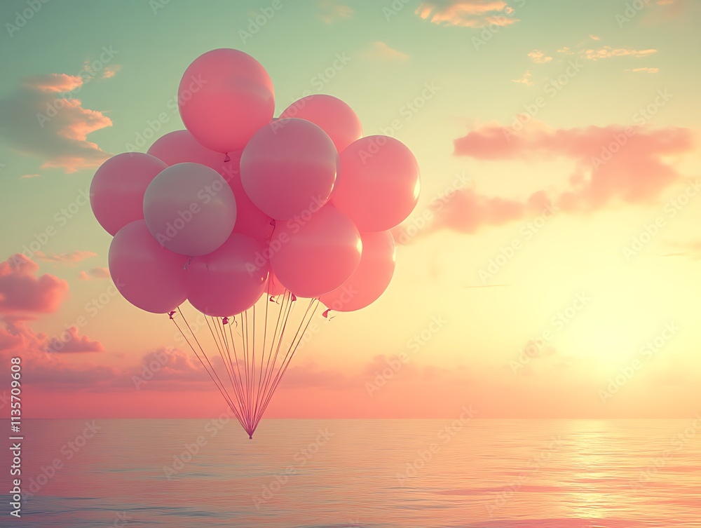 Fototapeta premium Pink Balloons Floating Above Calm Ocean Sunset