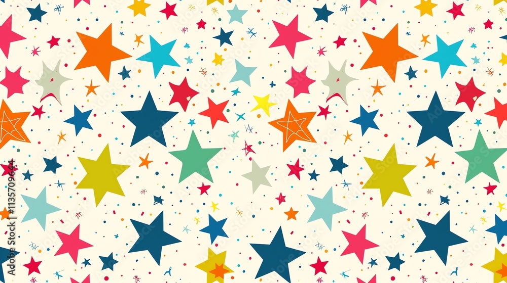 A seamless pattern of colorful stars on a cream background. A seamless pattern of colorful stars on a cream background.