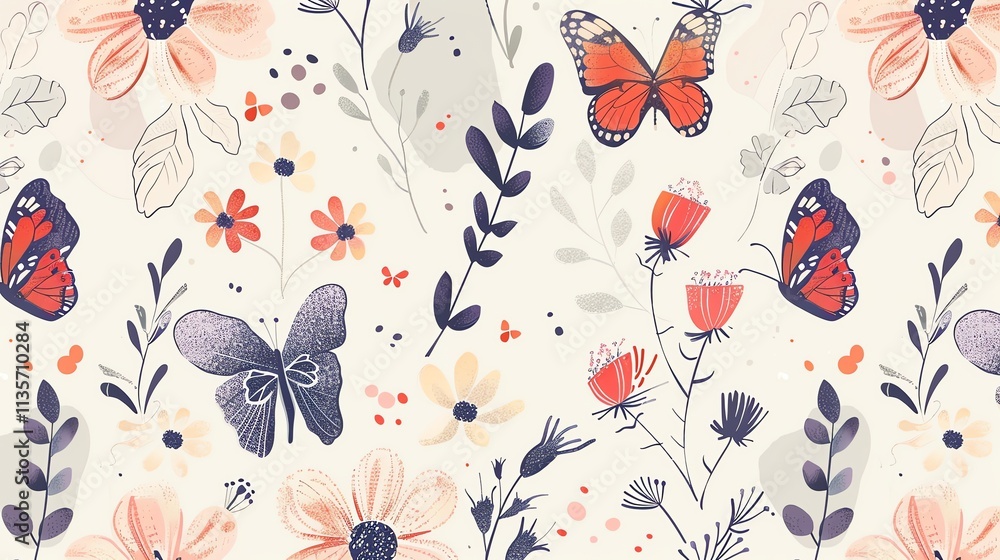 Naklejka premium A seamless pattern with colorful flowers and butterflies.