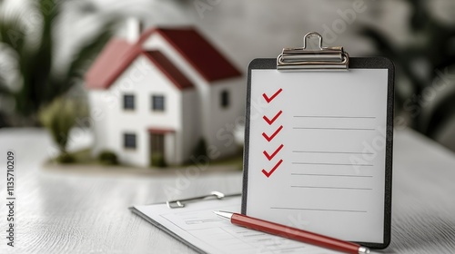 Home inspection checklist with red check marks on clipboard, miniature house model in the background. Real estate and home buying concept photo