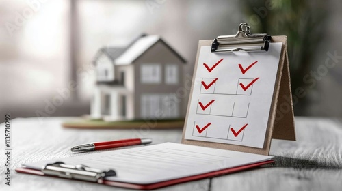 Home inspection checklist with red check marks on clipboard, miniature house model in the background. Real estate and home buying concept photo