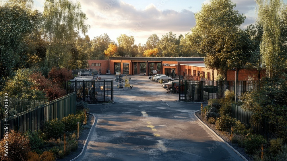 Modern industrial building with parking lot and lush landscaping. Ideal for showcasing business, real estate, or architectural design. Modern industrial building with parking lot and lush landscaping. Ideal for showcasing business, real estate, or architectural design.