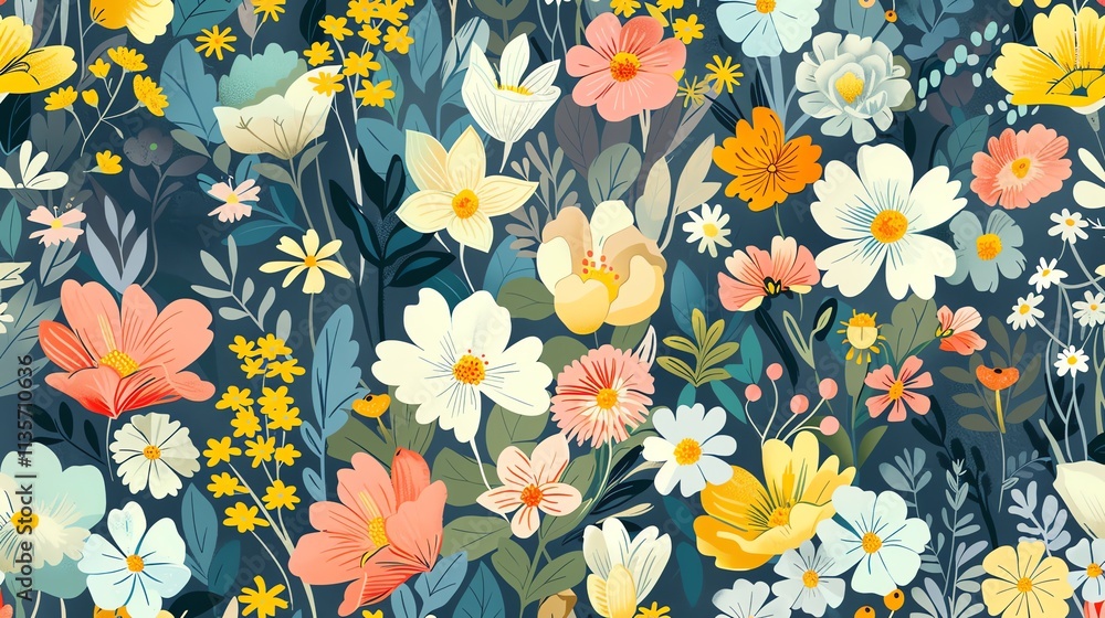 A seamless pattern of colorful flowers and leaves on a dark background. A seamless pattern of colorful flowers and leaves on a dark background.