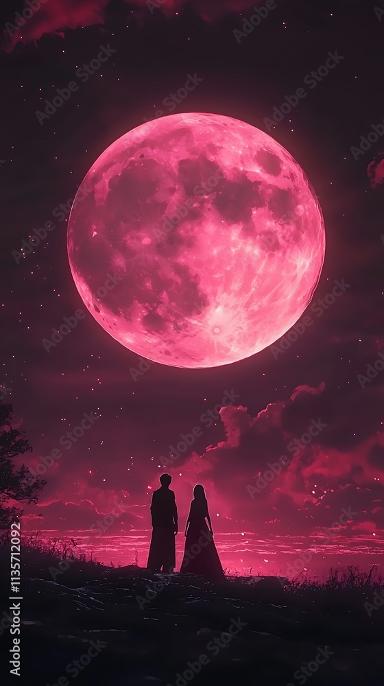 Fototapeta premium Silhouette of a Couple Admiring a Giant Pink Moon at Night.