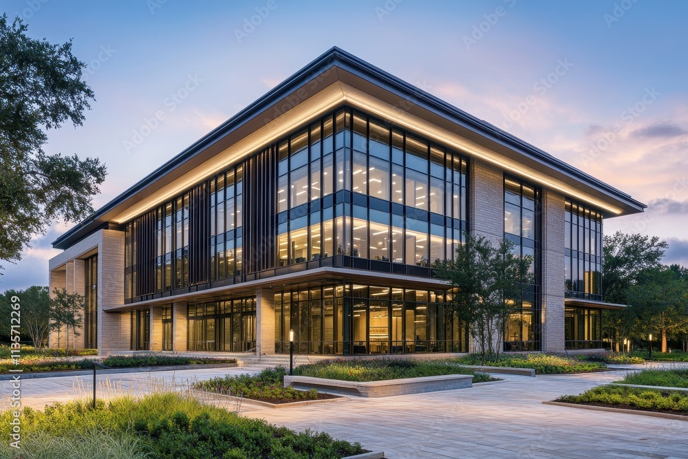 Modern office building at dusk, showcasing its sleek design and landscaping. Ideal for corporate, real estate, or architectural projects needing a professional image. Modern office building at dusk, showcasing its sleek design and landscaping. Ideal for corporate, real estate, or architectural projects needing a professional image.