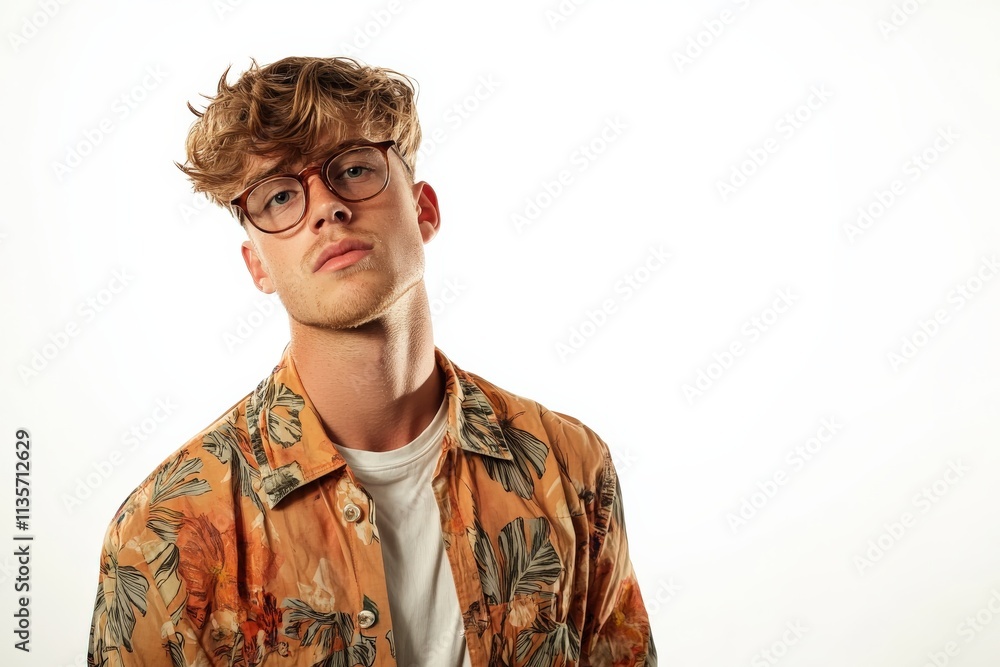 Stylish Young Man with Glasses and Floral Shirt Posing Against a Light Background Stylish Young Man with Glasses and Floral Shirt Posing Against a Light Background