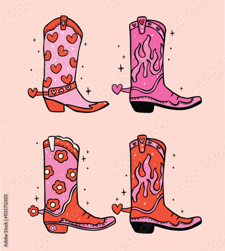 Retro Cowboy Boots Western Valentine Hand Drawn Bold Design collection