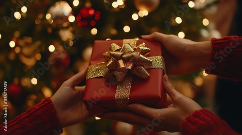 A candid shot of two hands exchanging a gift wrapped in red paper with a big golden bow. photo