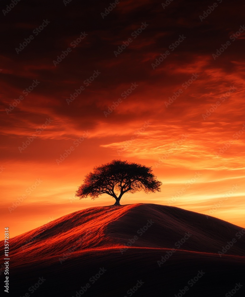 Fototapeta premium Fiery Sunset Over Hilltop Tree Silhouette