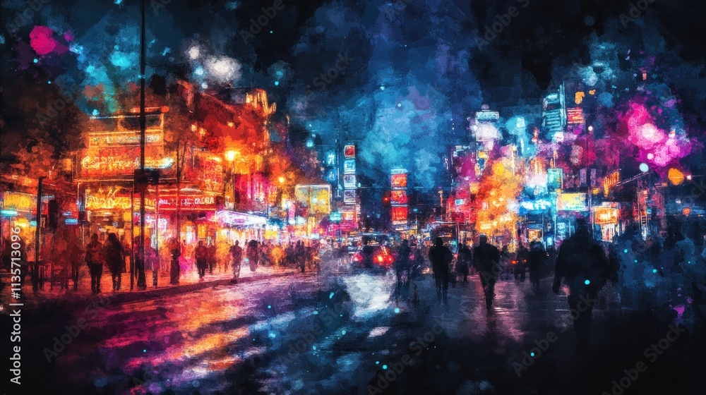 Obraz premium Vibrant city street at night, painted in watercolor style, showing bustling crowds and colorful lights.
