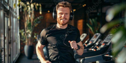 Handsome man in wireless headphones jogging on treadmill at gym and listening music while running, enjoying workout, copy space