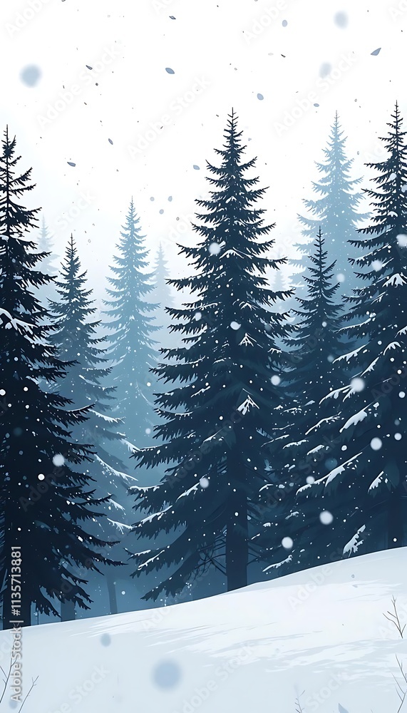 Obraz premium Silhouettes of evergreen trees with snow falling 