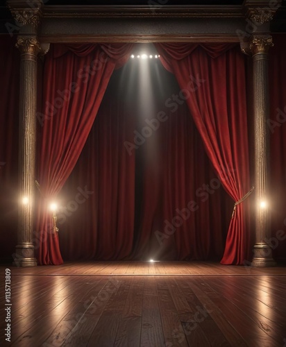 A magical theater stage with shiny red curtains and a single glowing spotlight , red, artistic