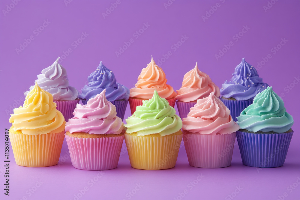 Row of cupcakes with rainbow frosting arranged on a white cake stand, set against a plain background. Row of cupcakes with rainbow frosting arranged on a white cake stand, set against a plain background.