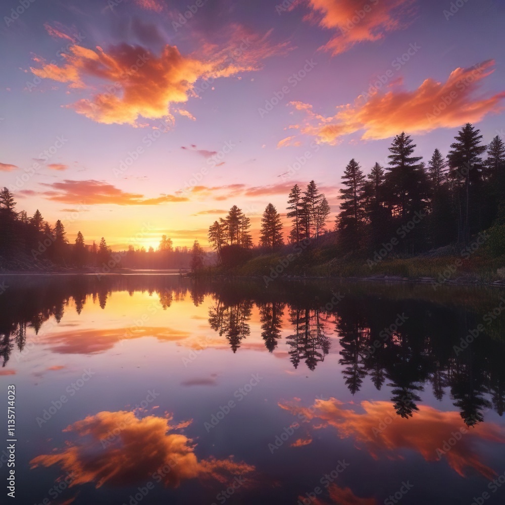 A stunning sunset over a peaceful lake reflecting the colorful sky, vintage, lake A stunning sunset over a peaceful lake reflecting the colorful sky, vintage, lake