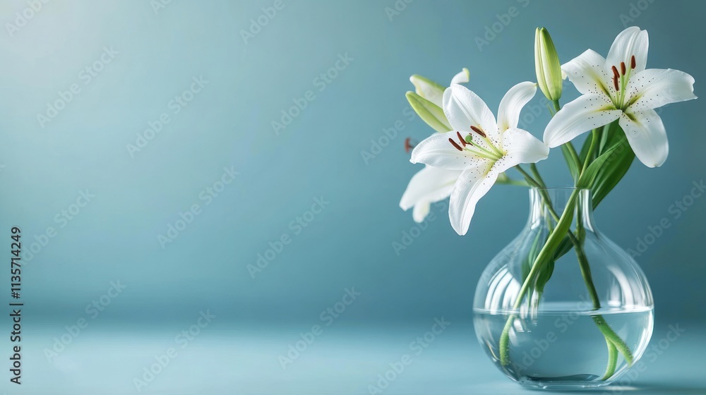 Elegant white lilies in a clear glass vase against a teal background. Elegant white lilies in a clear glass vase against a teal background.