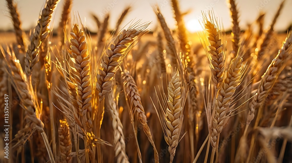 Fototapeta premium Golden Wheat Stalks Bask in Sunset Glow