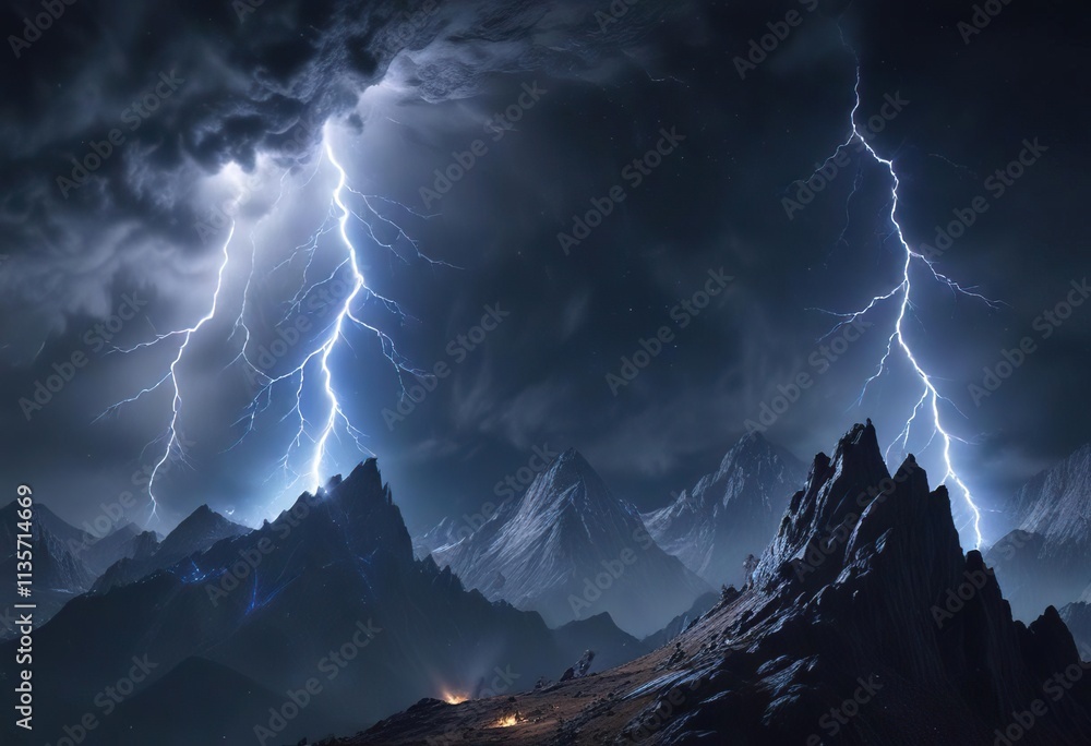 Fototapeta premium Blue lightning bolts crackling above a mountain range, adventure, outdoor, striking